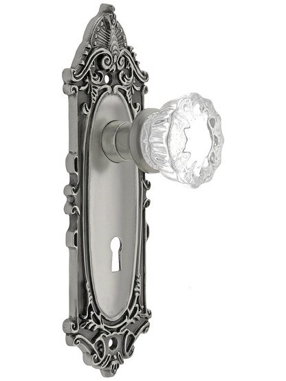 Largo Design Mortise Lock Set With Fluted Crystal Door Knobs in Antique Pewter.